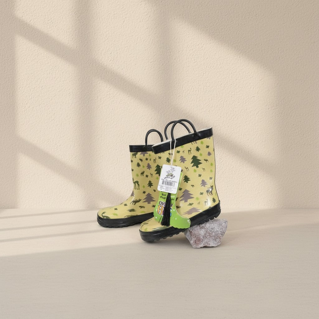 Bottes de pluie Frippindealz Mucky Wear vertes avec motif forêt et animaux, taille 29, avec poignées d'enfilage.