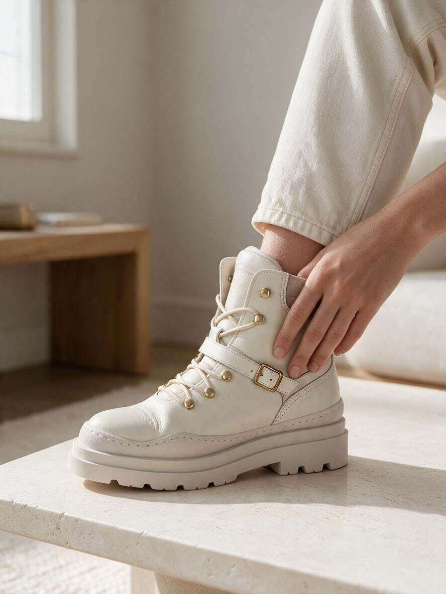 Bottes Reborn Frippindealz en cuir et suède beige avec lacets, œillets dorés et boucle latérale, style casual chic