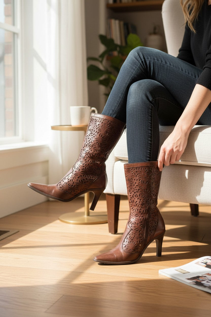 Bottes Frippindealz Zara en cuir bordeaux avec motifs perforés, style western bohème et talons hauts de 8 cm