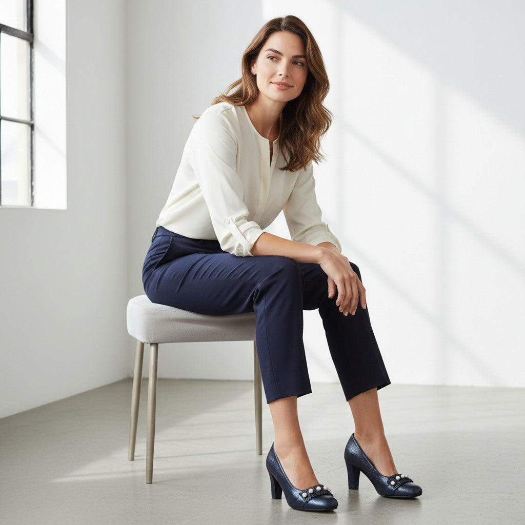 Femme assise portant des bottines Frippindealz Andrea Conti bleu marine à talons avec détails nacrés sur le devant