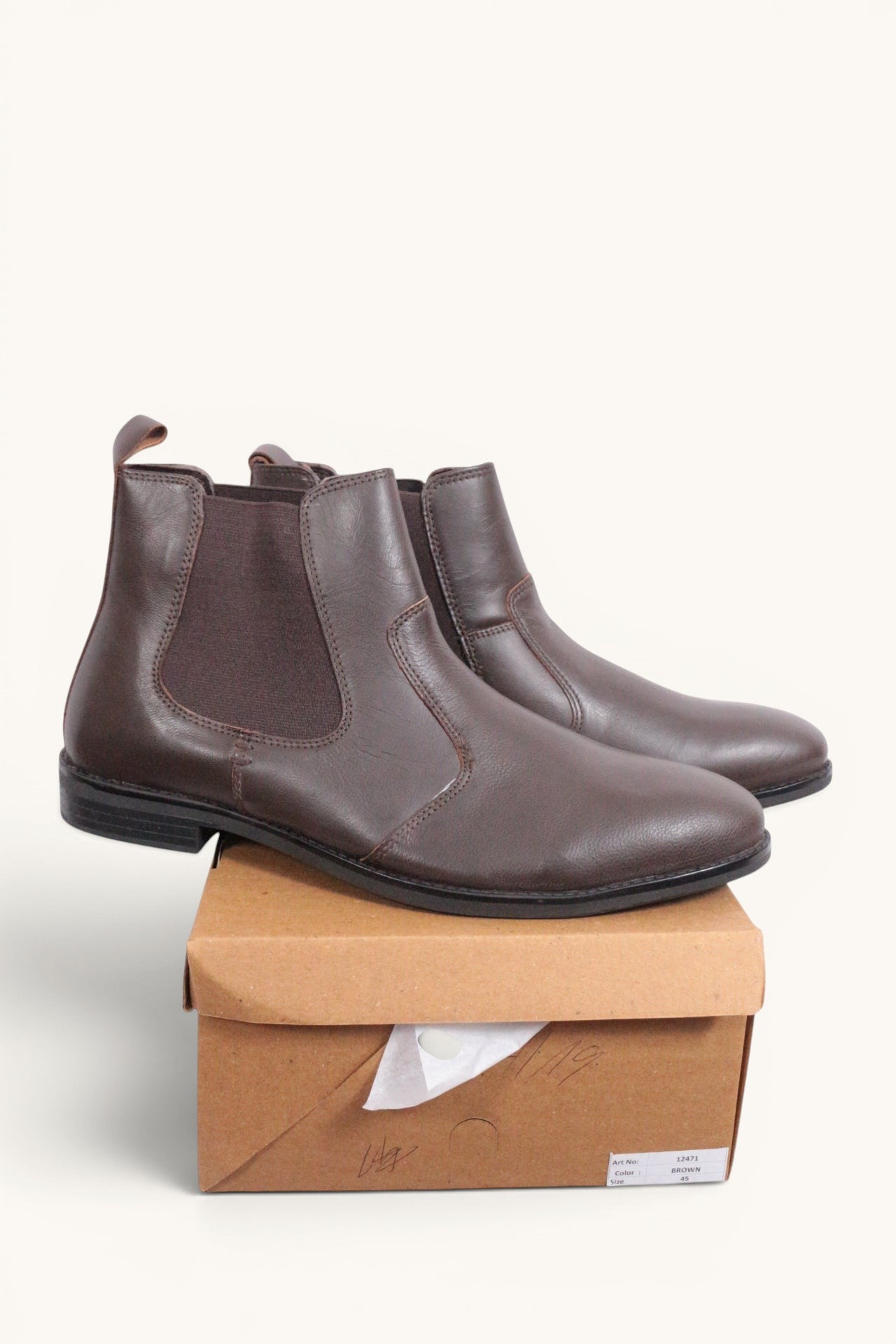 Frippindealz Bottines Chelsea en cuir marron foncé pour homme, neuves avec boîte, élastiques latéraux et tirant arrière.