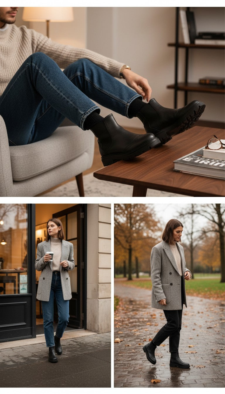 Bottines Chelsea Minelli en cuir noir portées avec un jean et un blazer gris par Frippindealz