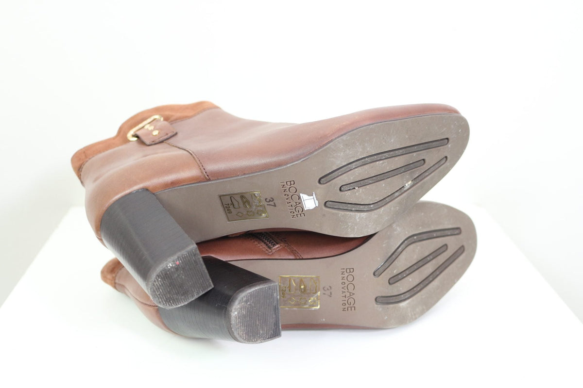 Semelles de bottines Frippindealz Bocage en cuir marron avec talon bloc et détails en laiton