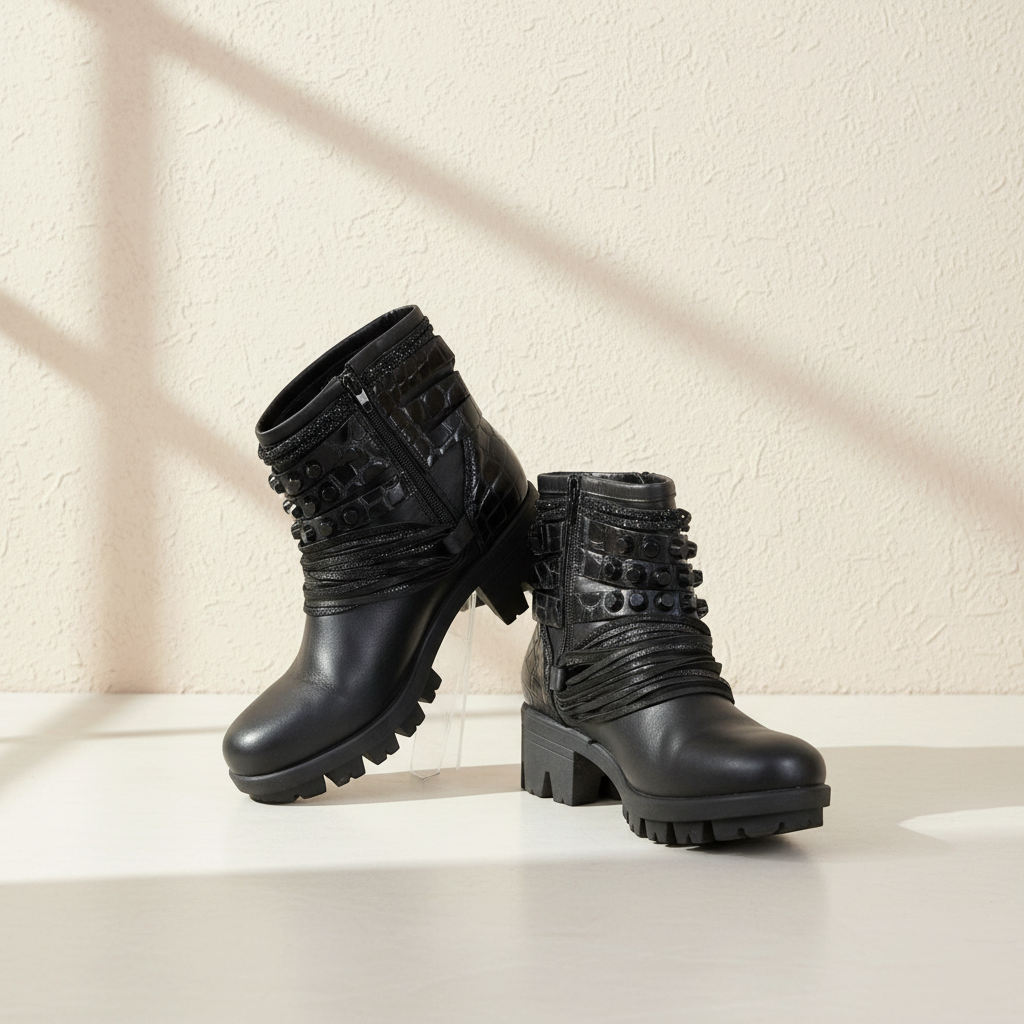 Bottines noires en cuir Frippindealz avec clous, lanières et talon de 5 cm pour un style rock urbain