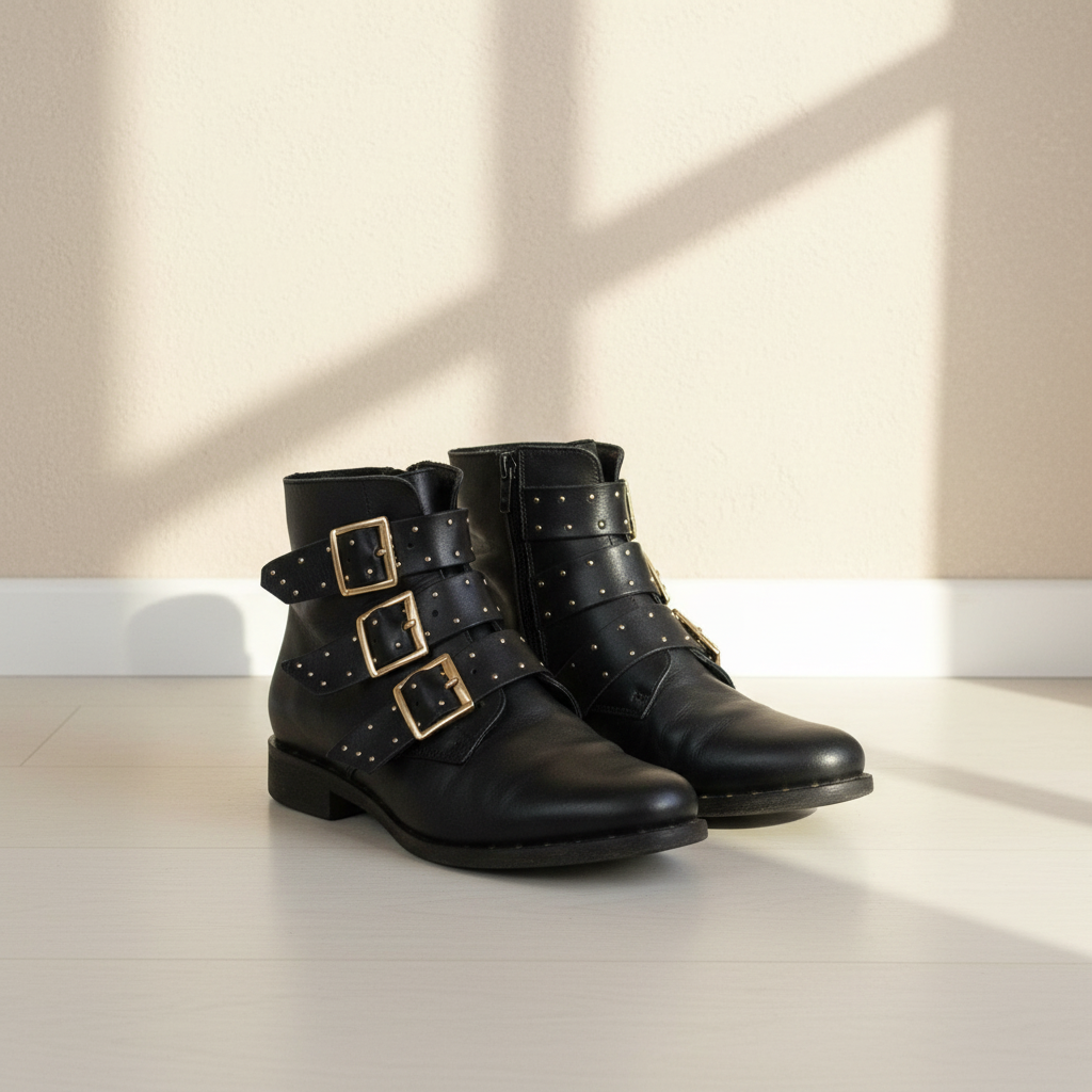 Bottines Frippindealz Betty London en cuir noir avec brides cloutées et boucles dorées, style rock chic