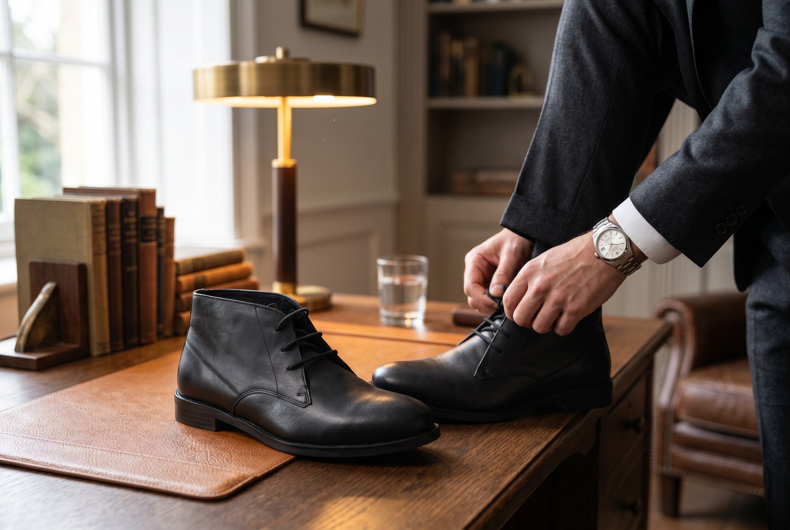 Frippindealz Bottines Derby montantes en cuir noir pour homme, neuves avec boîte.