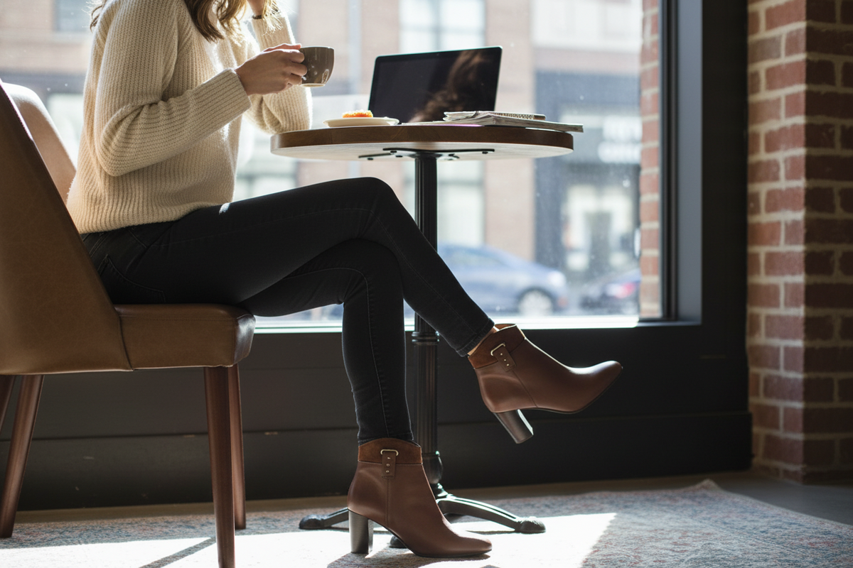 Bottines marron en cuir et suède Frippindealz avec talon bloc et détails en laiton portées par une femme en café