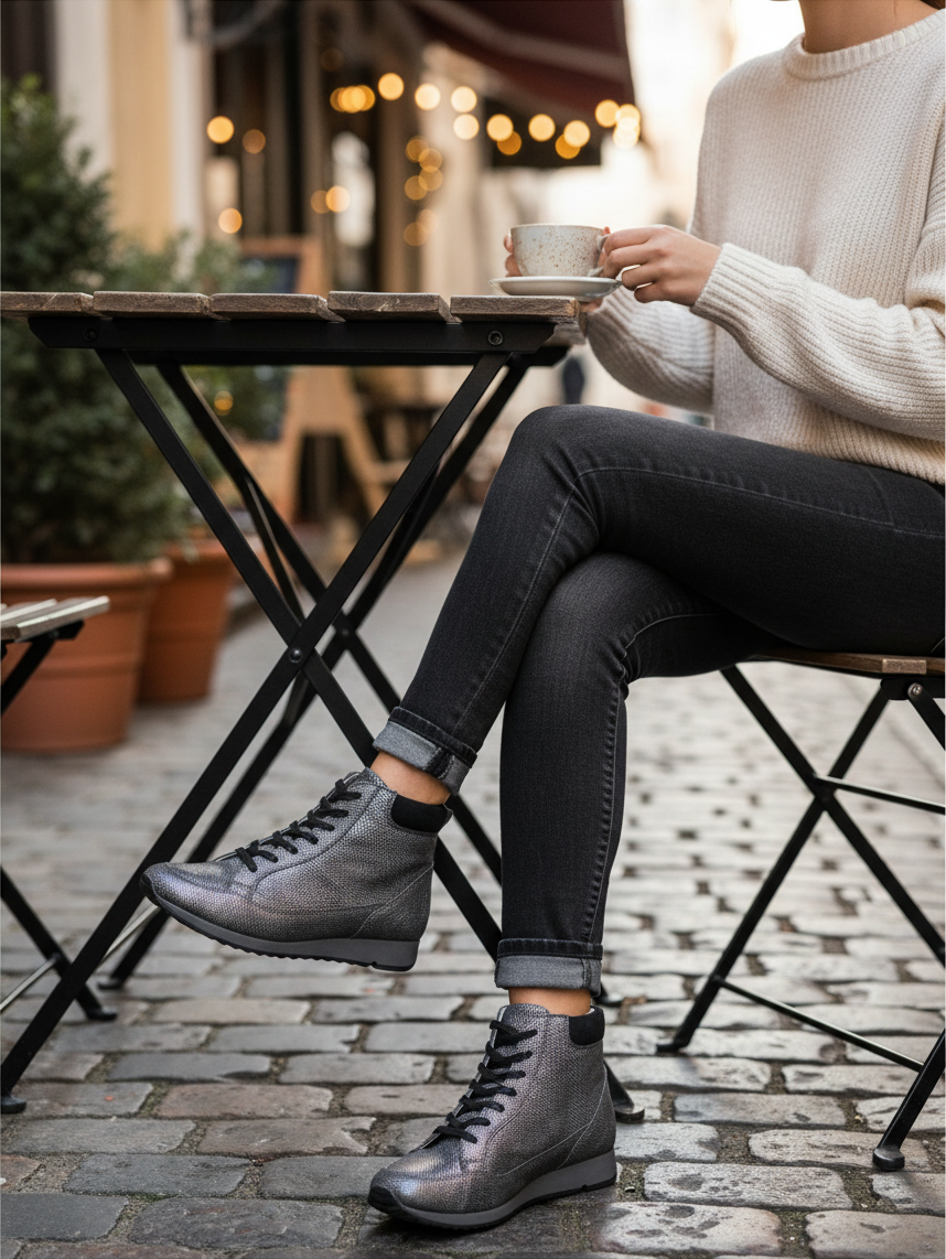Bottines à lacets Frippindealz en cuir gris texturé portées par une femme assise à une terrasse de café