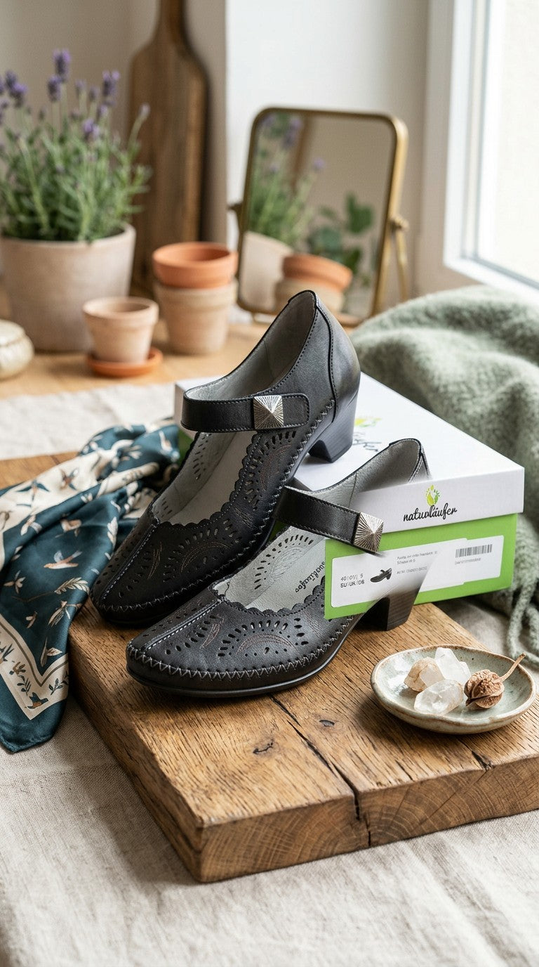 Bottines Frippindealz Naturläufer en cuir noir avec perforations décoratives, bride à scratch et talon stable.
