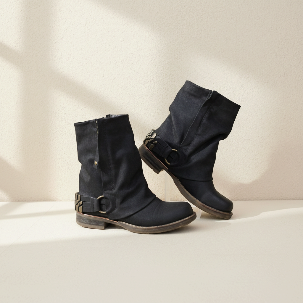 Bottines noires Johnny Bulls Frippindealz avec boucles en métal et fermeture zippée, style rock pour femme