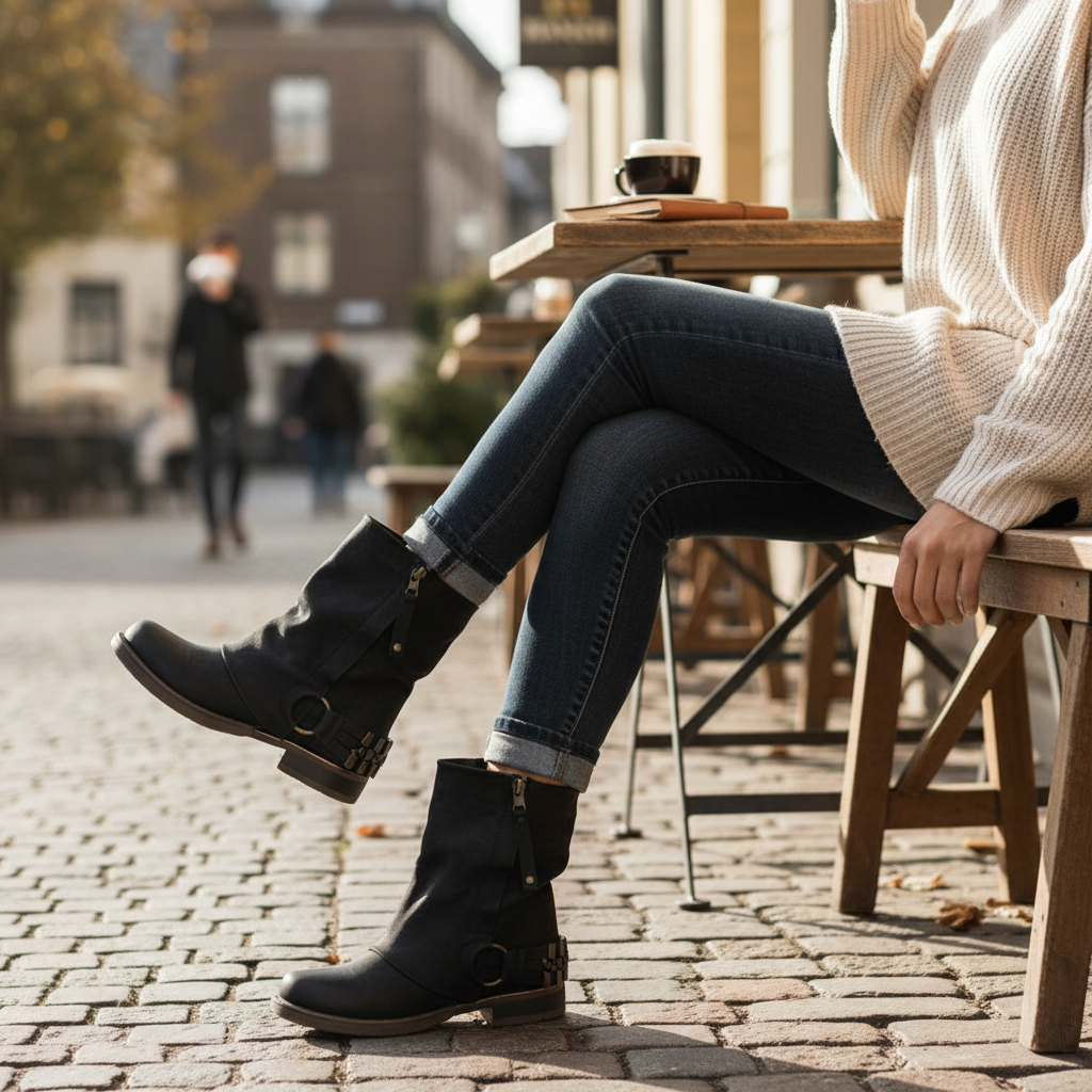 Bottines noires Johnny Bulls avec boucles en métal portées par une femme en terrasse, style rock et décontracté