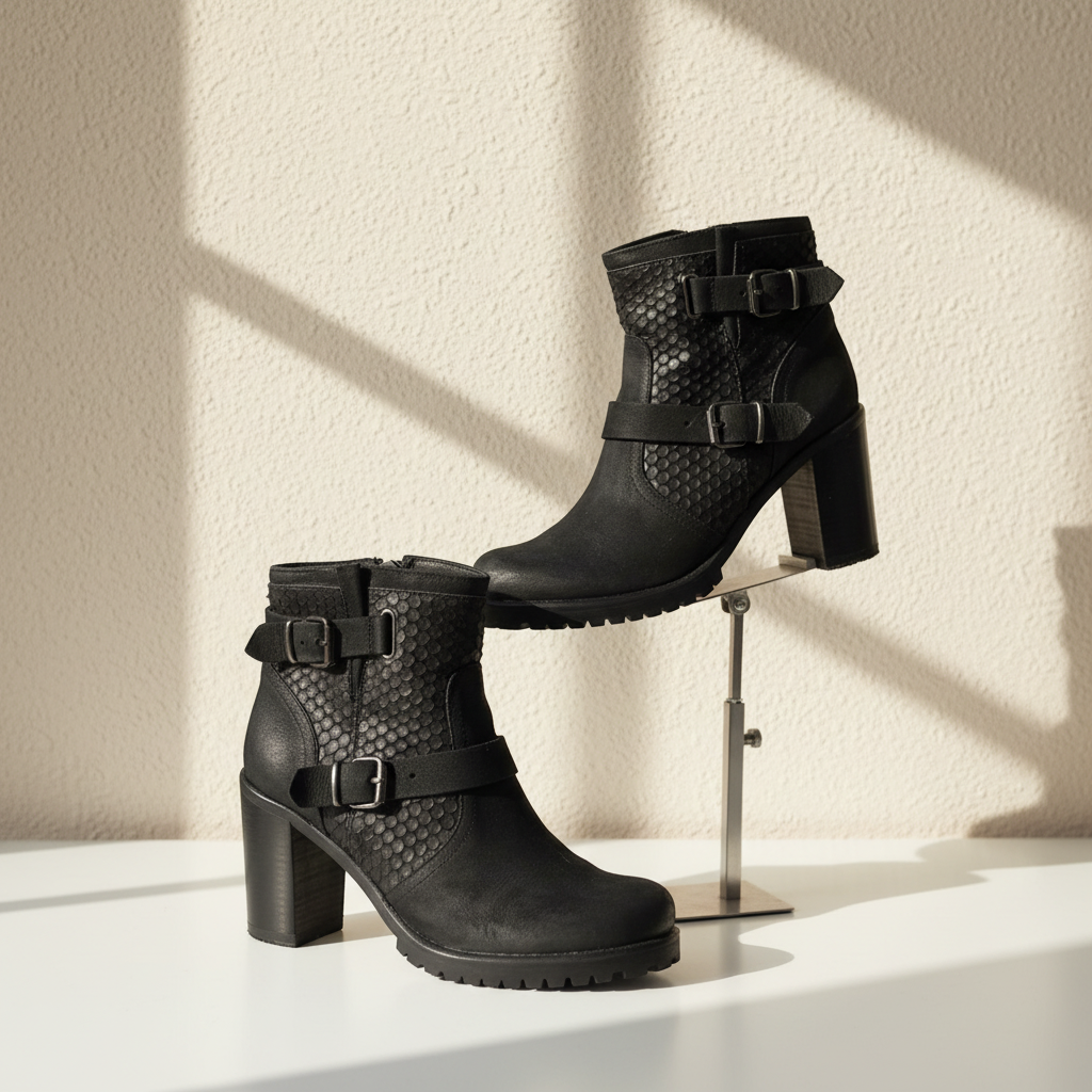Bottines noires Frippindealz Tamaris effet reptile avec talons carrés et boucles décoratives, style chic et moderne.