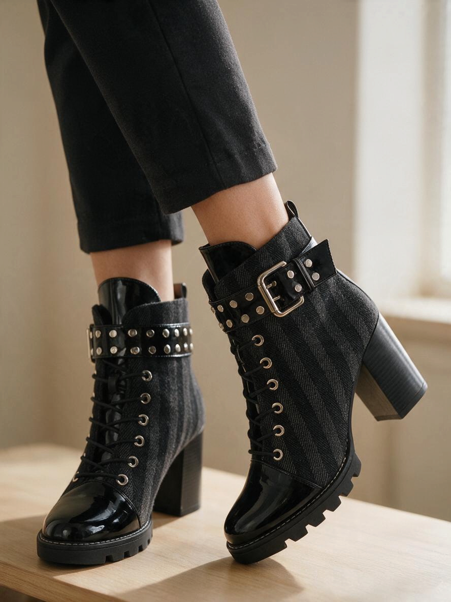 Bottines Frippindealz noires en cuir verni et laine avec talons hauts, lacets, boucle cloutée et semelle crantée