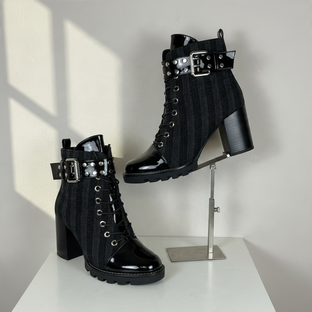 Bottines Frippindealz noires à talons hauts, cuir verni et tissu rayé avec boucles cloutées et semelles crantées
