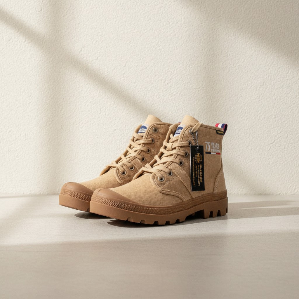 Bottines Palladium Frippindealz Pallabrousse 75Th en toile camel avec semelle en caoutchouc et détails anniversaire