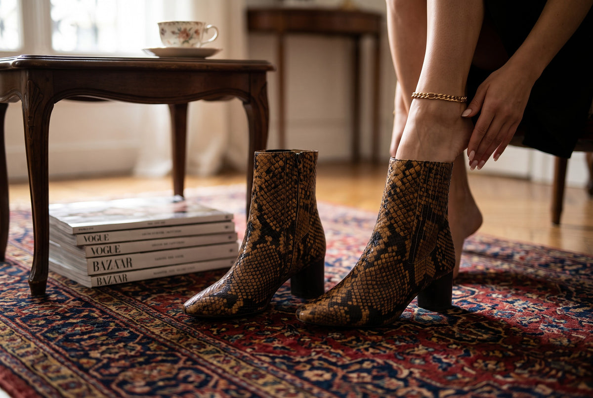 Bottines Sandro en cuir de python marron avec talon bloc portées dans un intérieur élégant chez Frippindealz