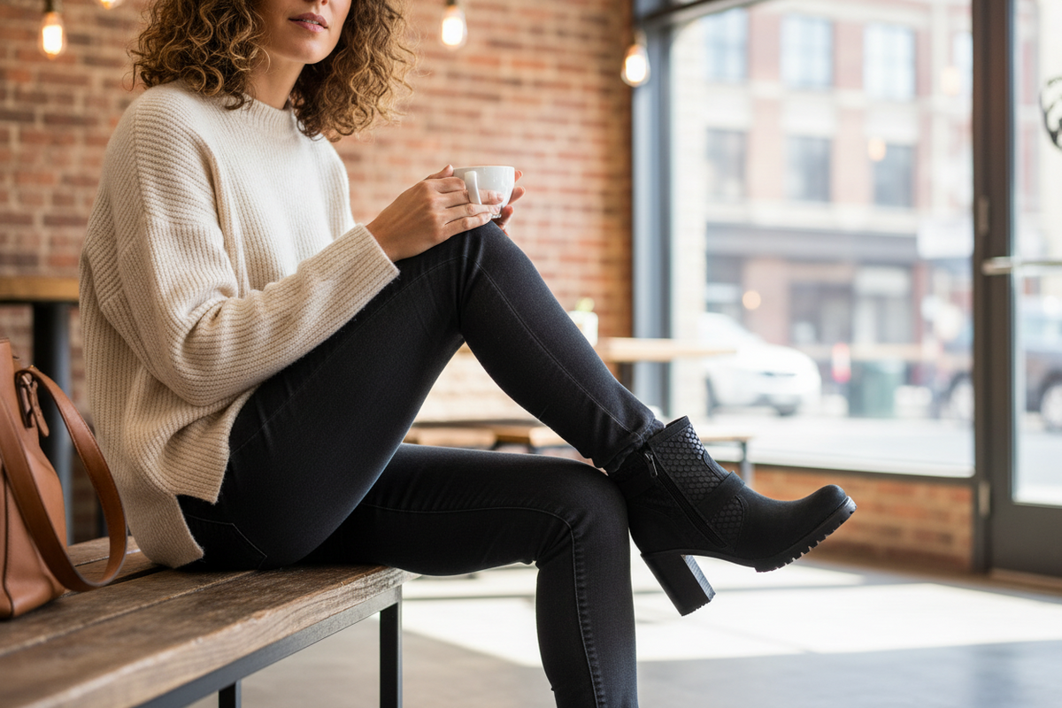 Bottines noires Tamaris effet reptile avec talons carrés portées par une femme dans un café Frippindealz