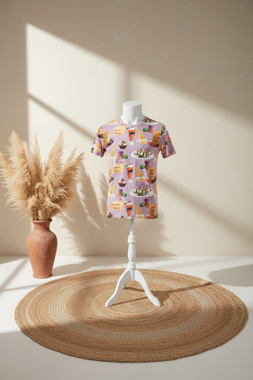 T-shirt Frippindealz Brave Soul violet à motif gourmand de pâtisseries sur mannequin dans un décor bohème