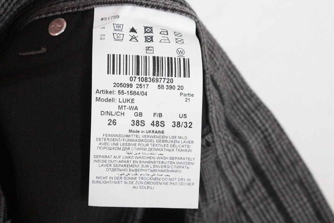 Étiquette intérieure du pantalon de costume Frippindealz BRAX gris à motif prince de Galles avec instructions de lavage
