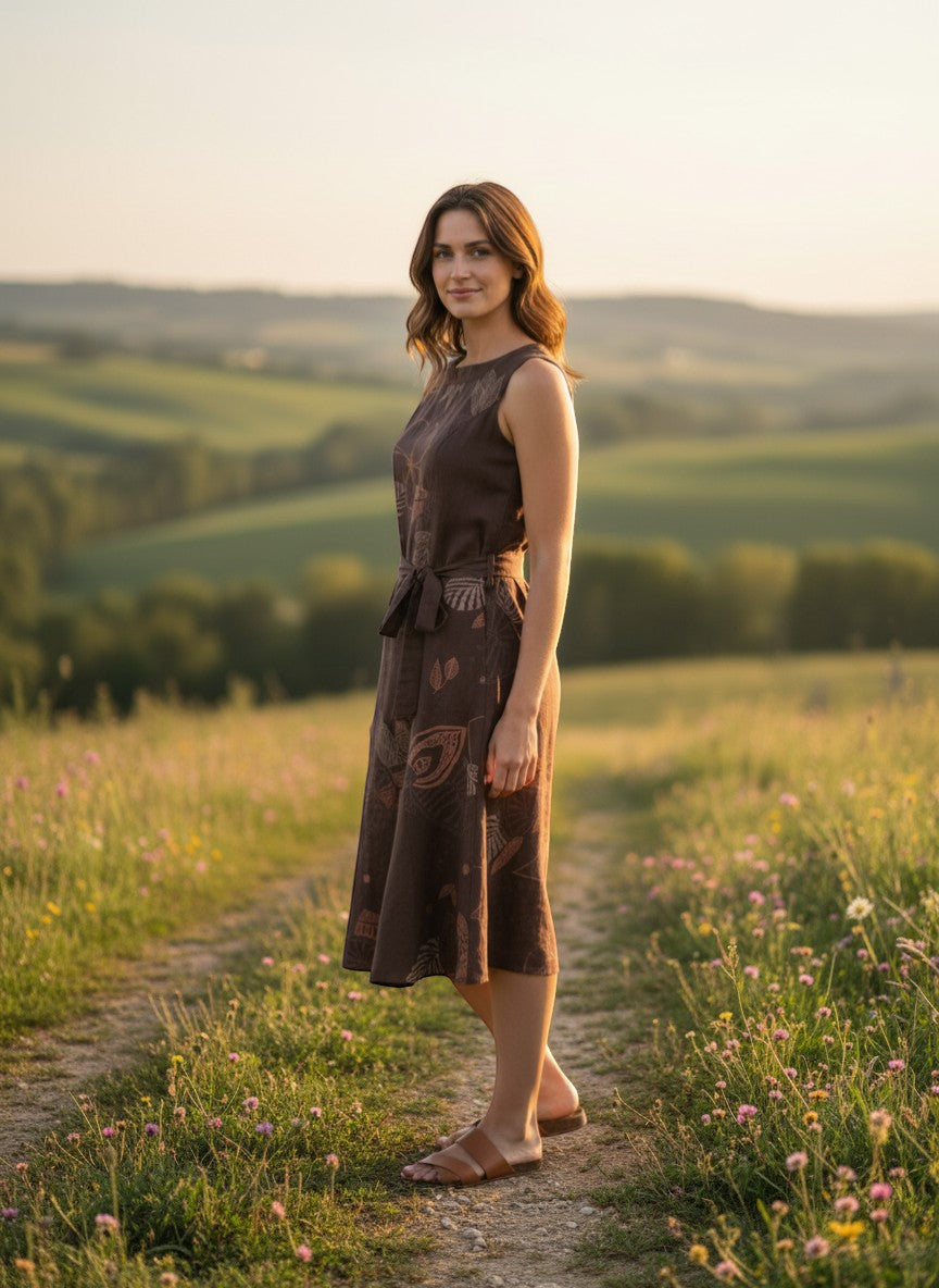 Frippindealz Armand Thierry brown linen sleeveless midi dress with abstract leaf print and tie waist.