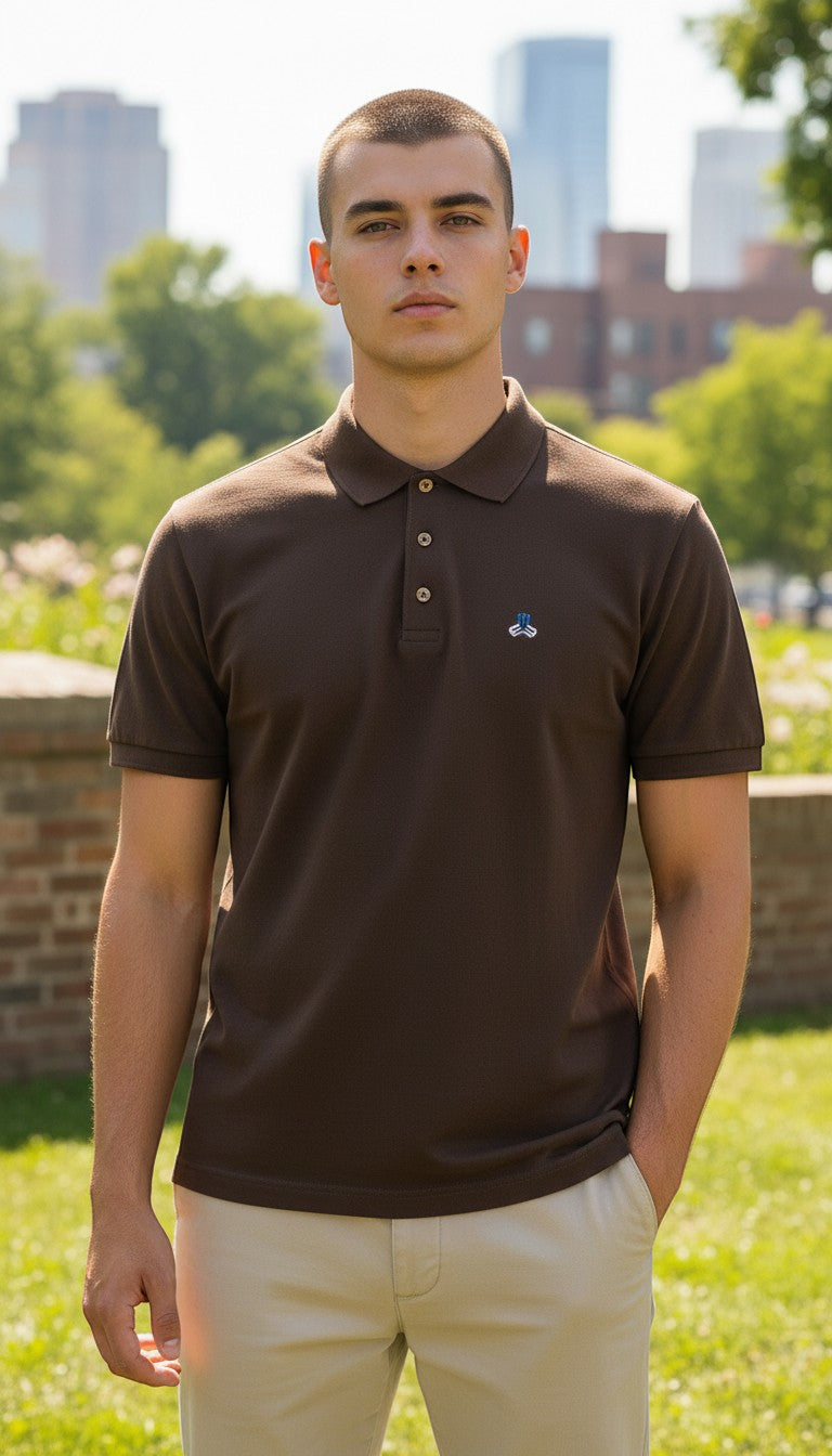 Frippindealz brown polyester polo shirt with embroidered logo and button collar.