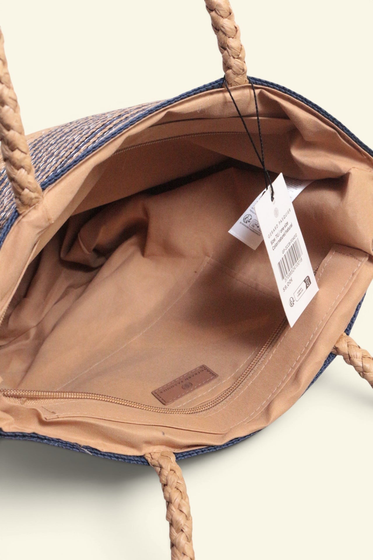Cabas Gérard Pasquier bleu et paille en jute et polyester, neuf avec étiquette, anses tressées.