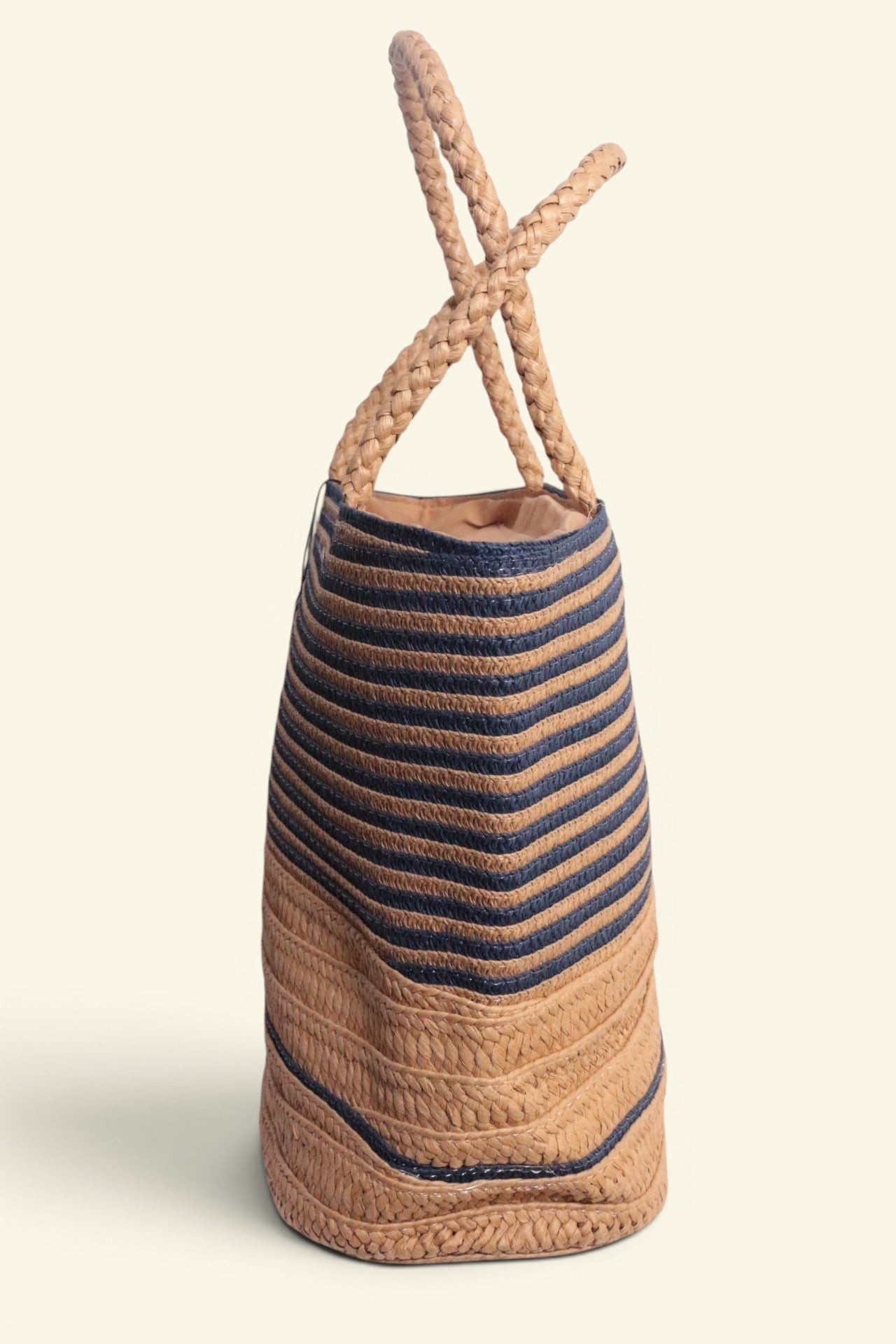 Cabas Gérard Pasquier bleu et paille en jute et polyester, rayures bleues, anses tressées, neuf.
