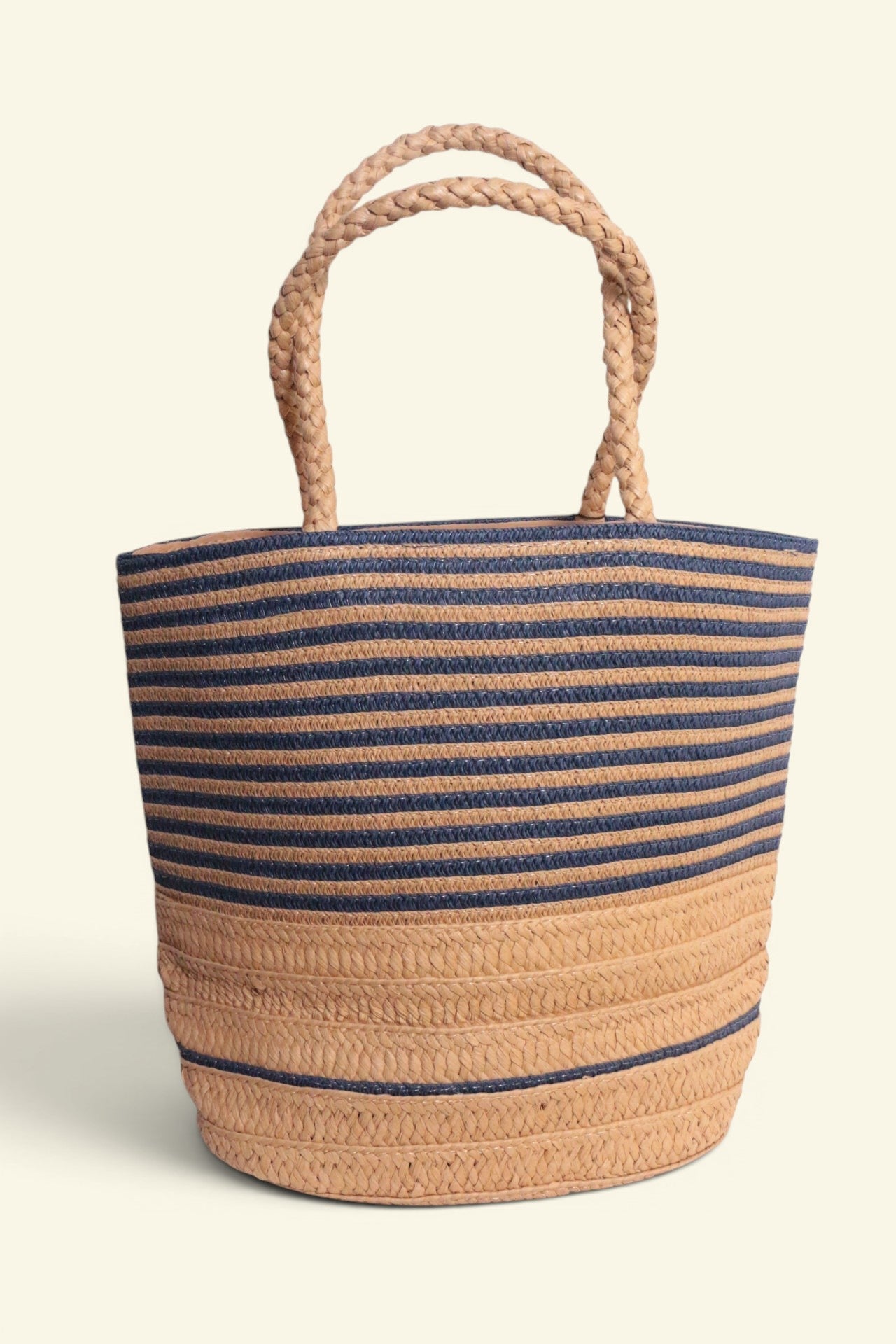 Cabas Gérard Pasquier bleu et paille en jute et polyester, rayé, anses tressées, neuf.