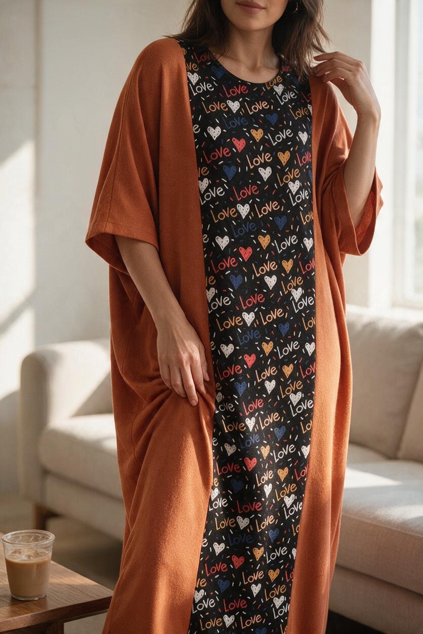 Caftan Frippindealz bicolore marron et noir avec motif Love multicolore porté par une femme
