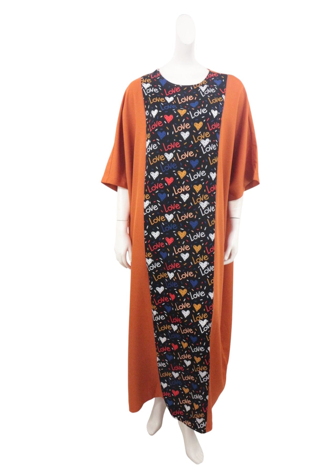 Caftan Frippindealz bicolore marron et noir avec motif Love multicolore sur panneau central, coupe longue en polyester