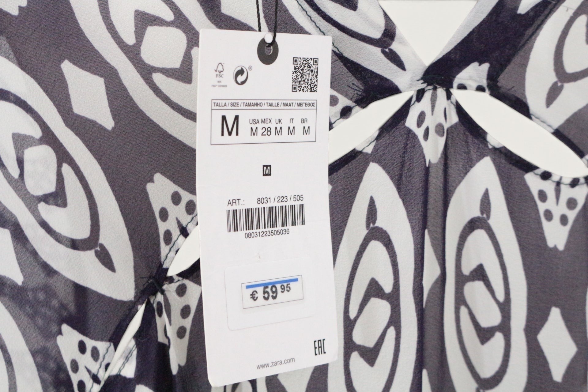 Caftan Zara Frippindealz en viscose à motifs géométriques bleu turquoise, blanc et noir avec étiquette neuve