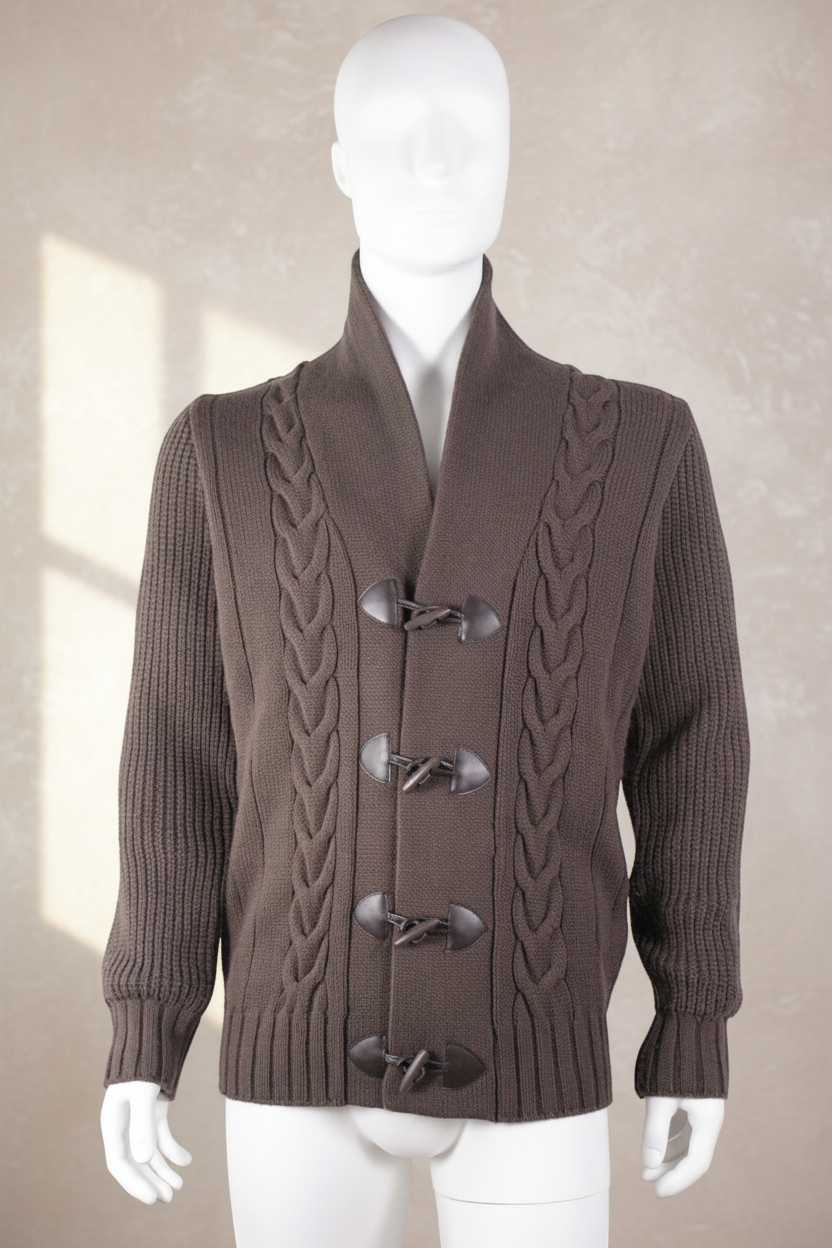 Cardigan Frippindealz Celio marron en maille avec col châle, torsades et fermeture par brandebourgs
