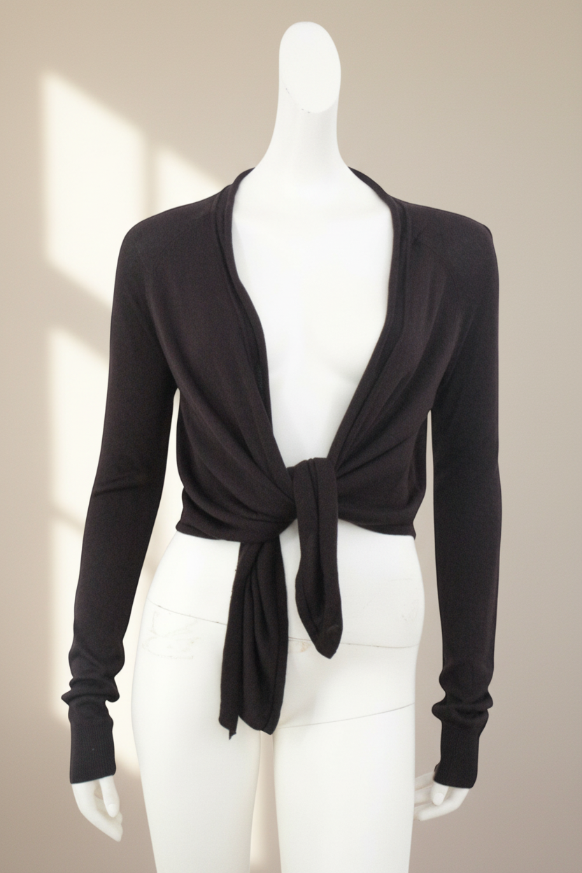 Cardigan court Frippindealz marron en viscose avec décolleté plongeant et nœud à nouer sur le devant