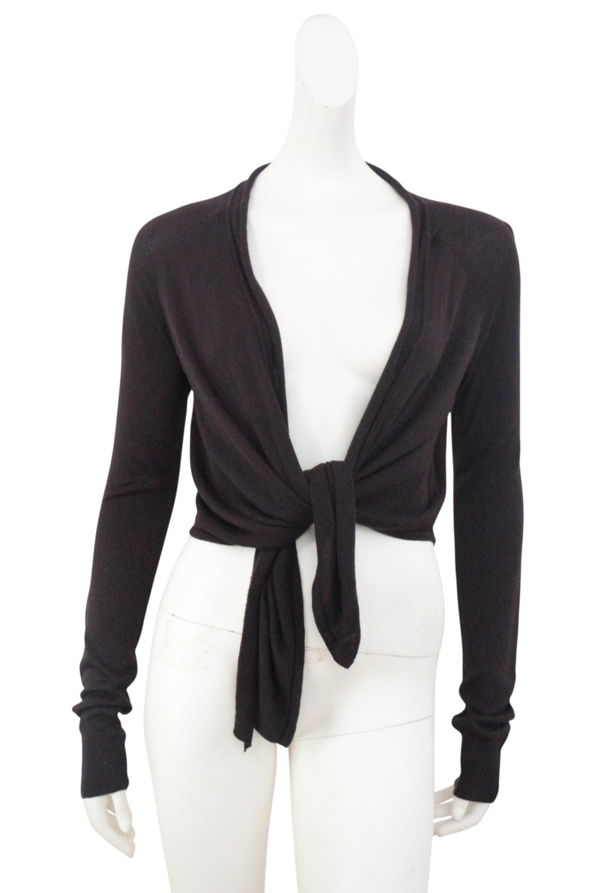 Cardigan court Frippindealz en viscose marron avec nouage avant et décolleté plongeant style Y2K