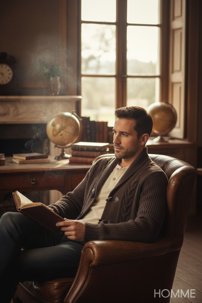 Homme portant un cardigan Frippindealz Celio marron en maille torsadée avec col châle et boutons style corne