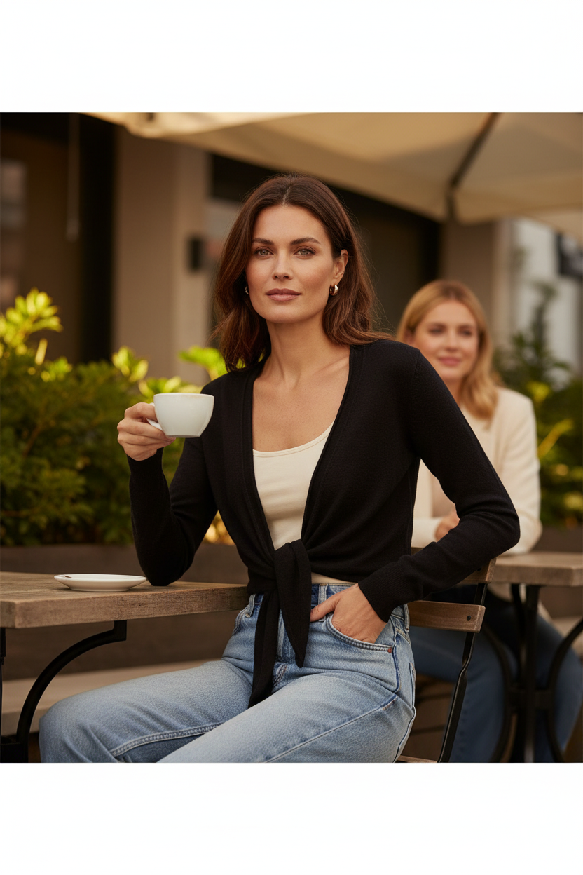 Cardigan noir Frippindealz à nouer sur le devant avec décolleté plongeant porté par une femme à une terrasse de café
