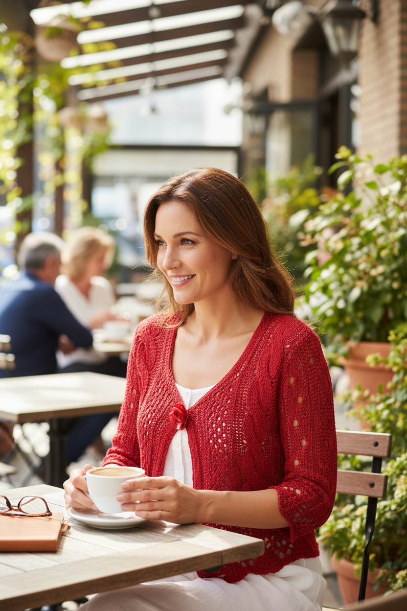 Femme souriante portant un cardigan rouge ajouré Frippindealz avec manches trois-quarts et bouton fleuri à une terrasse