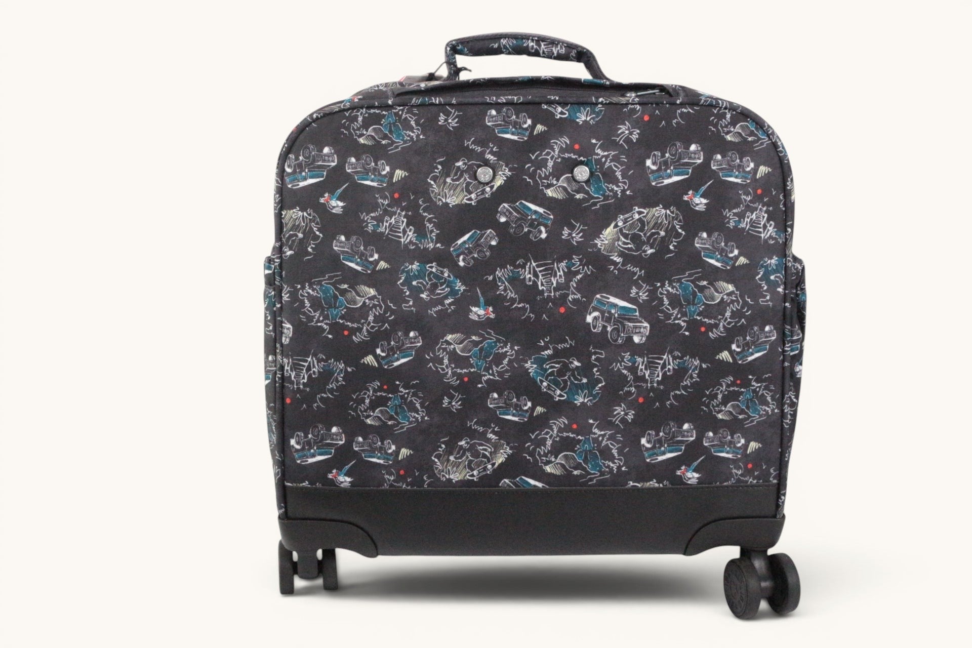 Cartable à roulettes Frippindealz Kipling New Storia noir avec motifs aventure, 4 roues pivotantes et poignée.