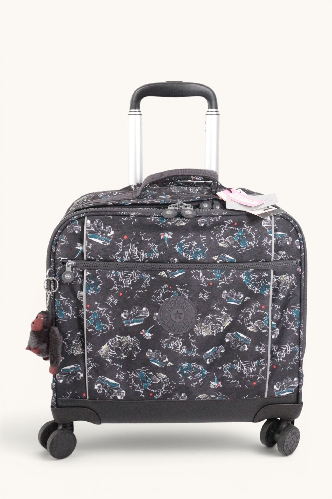 Cartable à roulettes Frippindealz Kipling New Storia noir à motifs aventure avec 4 roues et porte-clés singe.