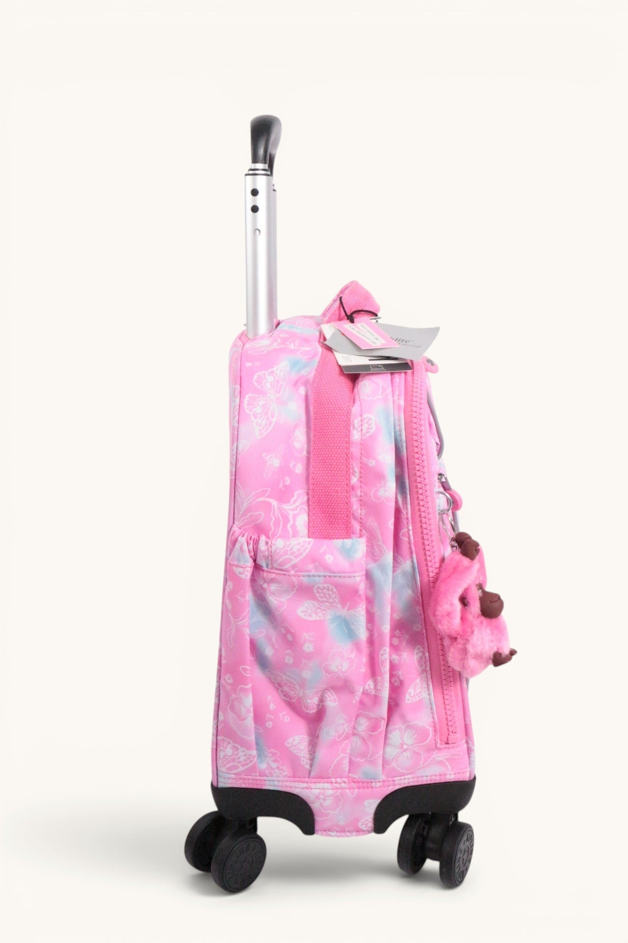 Cartable à roulettes Frippindealz Kipling New Storia rose à motifs fleurs et papillons avec porte-clés singe