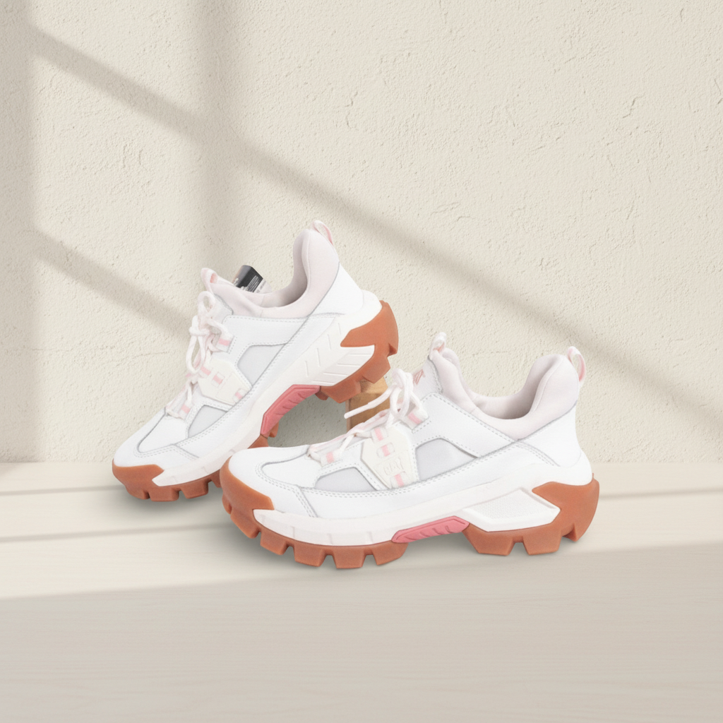 Baskets Frippindealz Caterpillar Gridcore en cuir blanc avec semelle crantée marron et détails roses