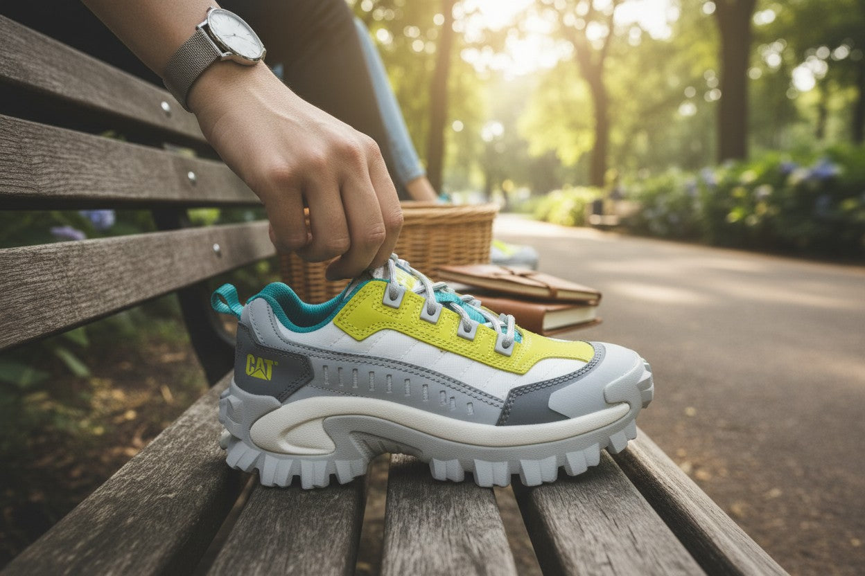 Frippindealz Caterpillar Sneakers Intruder Daim gris clair et jaune, neuves, taille 37, avec semelle épaisse.
