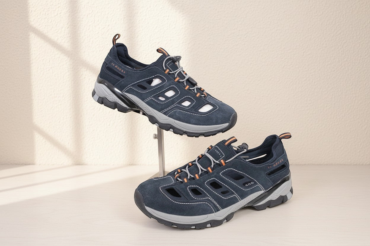 Chaussures de randonnée Frippindealz 24 Hours en nubuck bleu marine avec mesh Coolmax et détails orange contrastants
