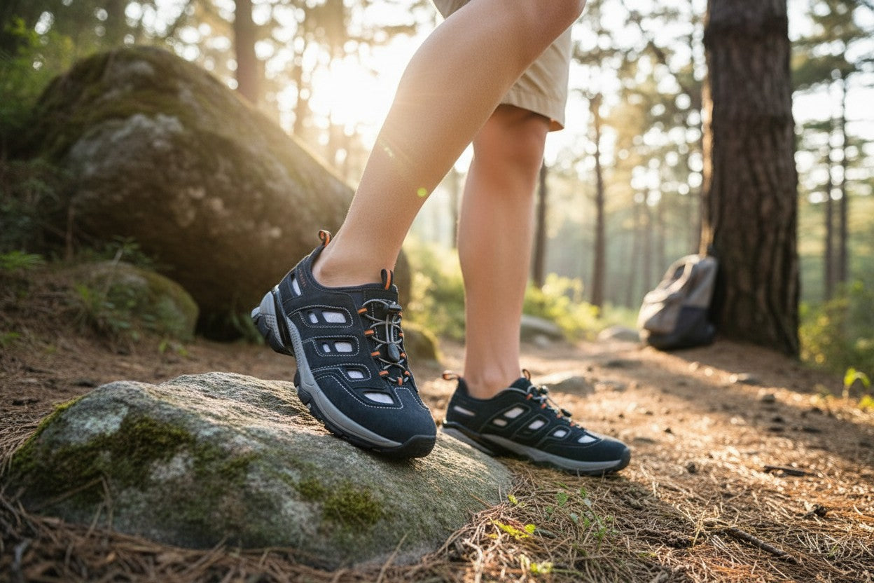 Chaussures de randonnée Frippindealz 24 Hours en nubuck bleu marine avec mesh Coolmax et fermeture rapide en forêt
