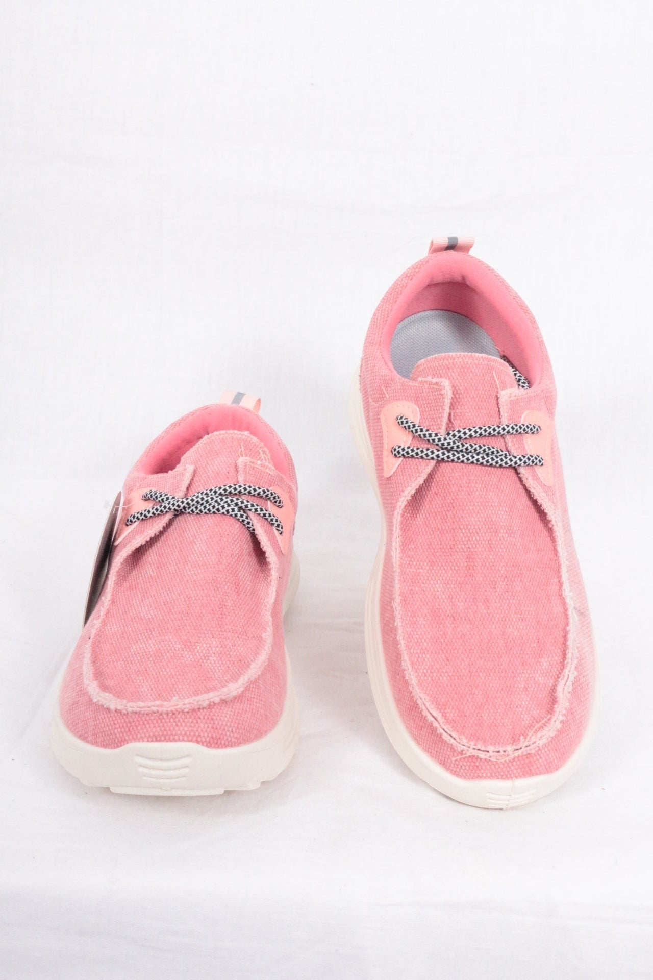 Frippindealz Chaussures slip-on roses en coton pour femme, neuves, avec lacets décoratifs.