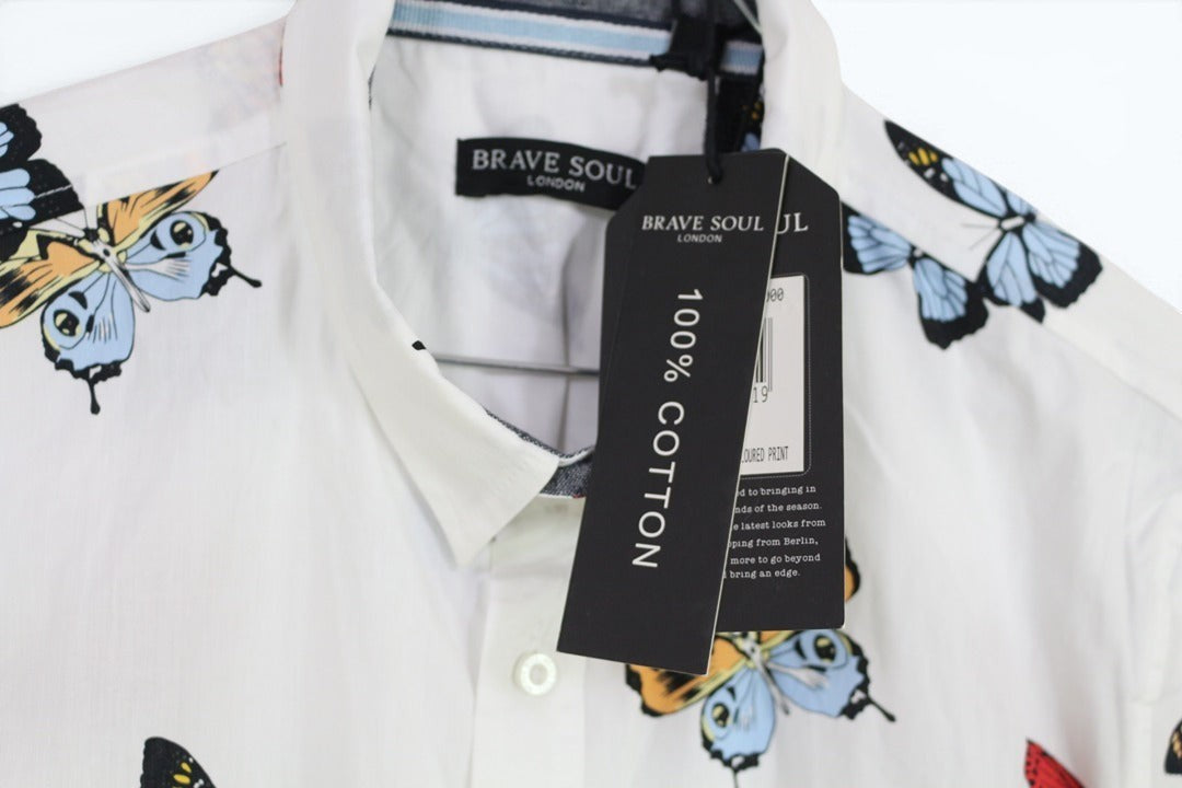 Chemise Frippindealz Brave Soul blanche en coton avec imprimé papillons multicolores et étiquette neuve