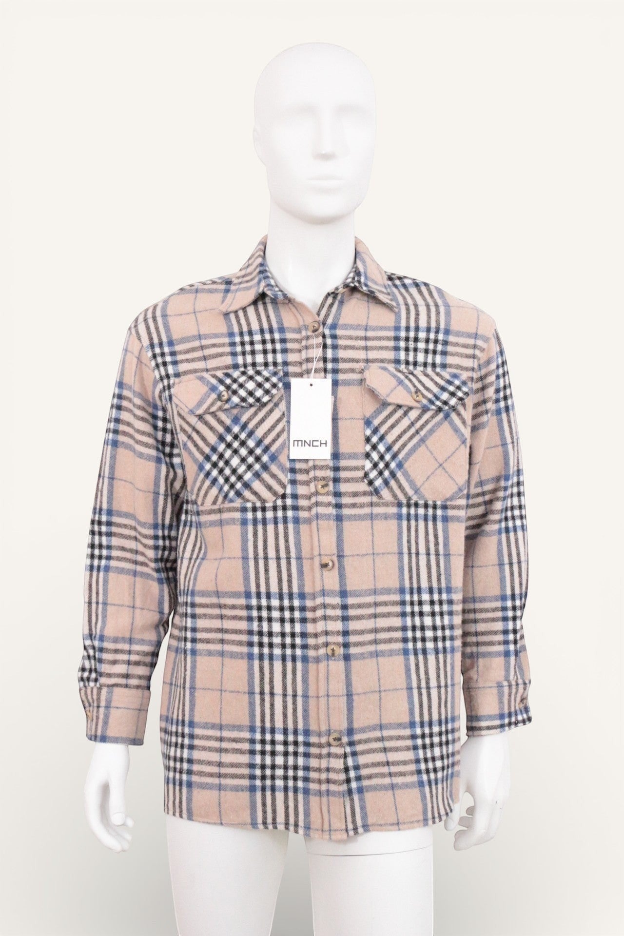 Chemise à carreaux beige, noire et bleue de MNCH en acrylique et coton, avec deux poches poitrine.