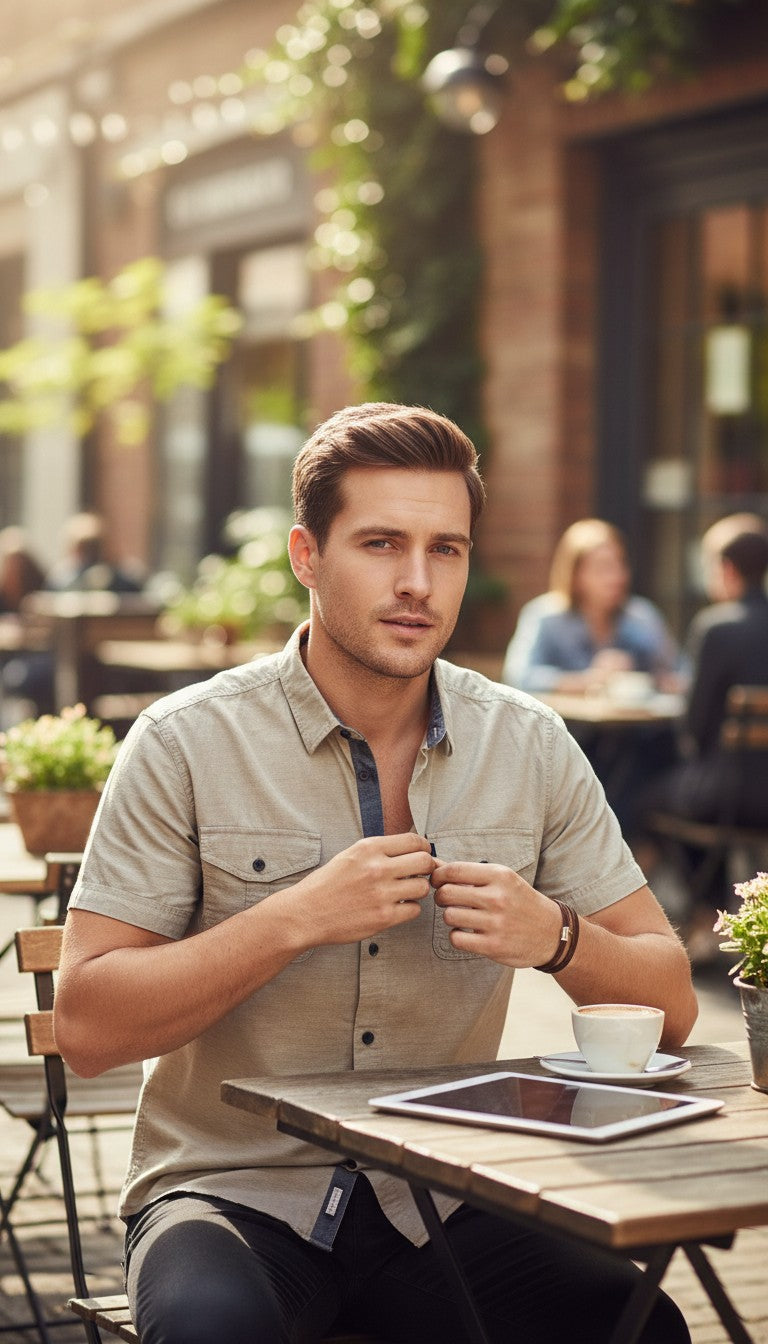 Homme portant une chemise en coton crème Angelo Litrico avec poches poitrine, assis à une terrasse Frippindealz