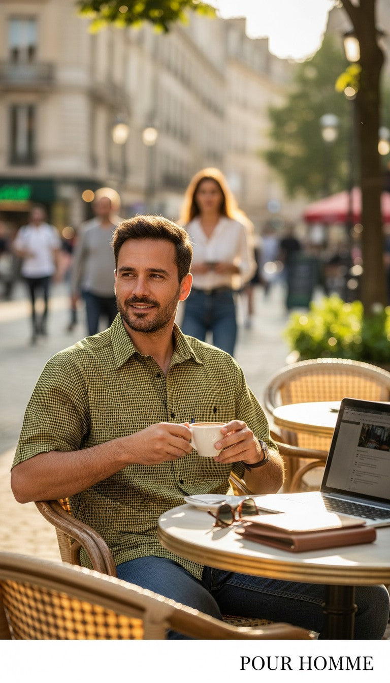 Homme portant une chemise Frippindealz en coton jaune à micro-carreaux noirs, manches courtes, en terrasse de café.