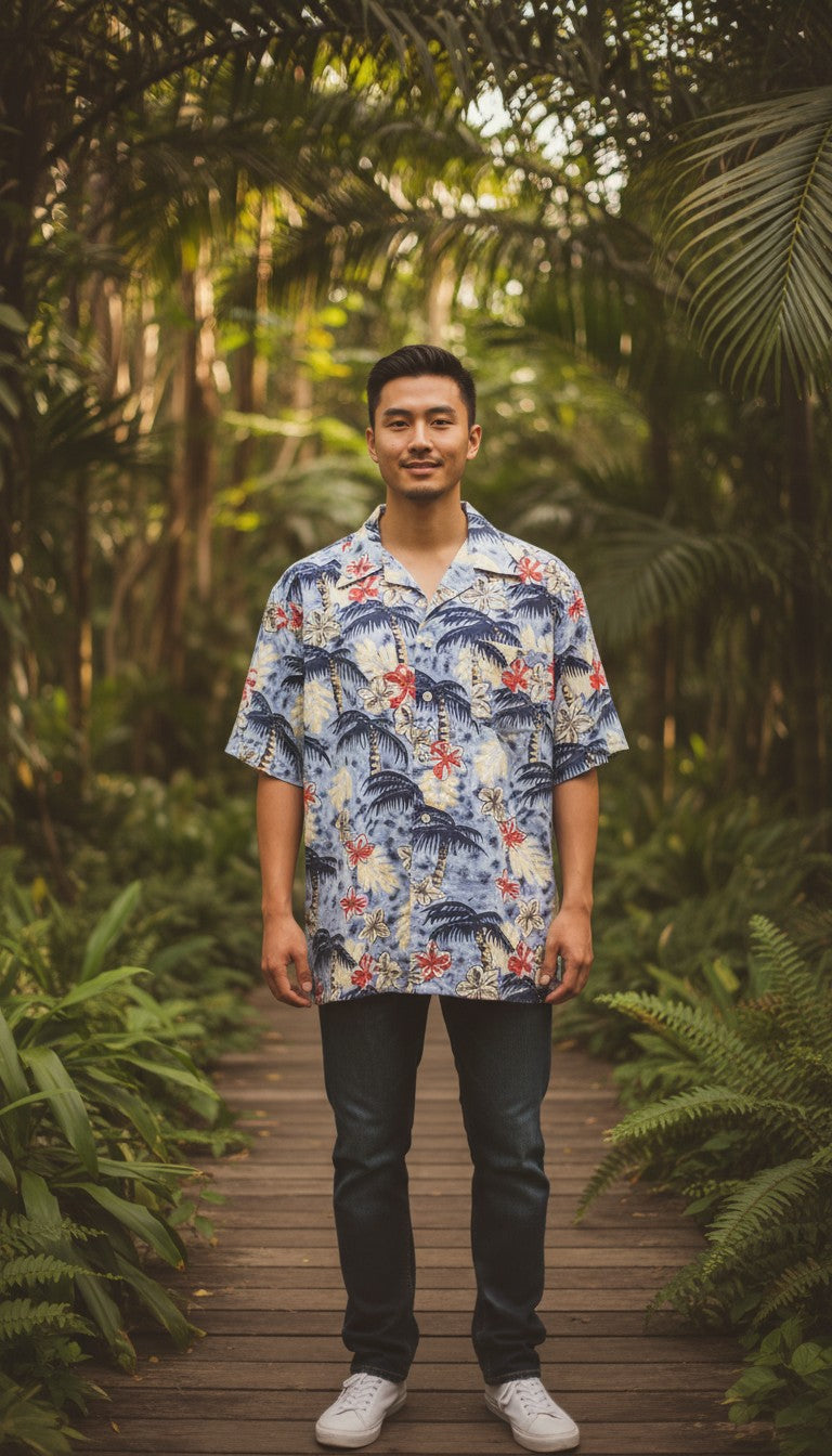 Homme portant une chemisette hawaienne Frippindealz en coton bleu clair avec imprimé tropical de palmiers et fleurs